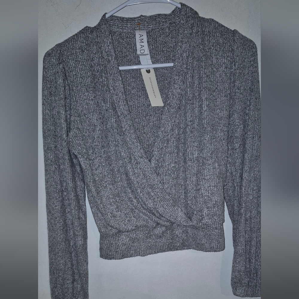 Anthropologie Amadi Rocio Faux Wrap Top Sz.XS NWT Grey - Picture 2 of 10